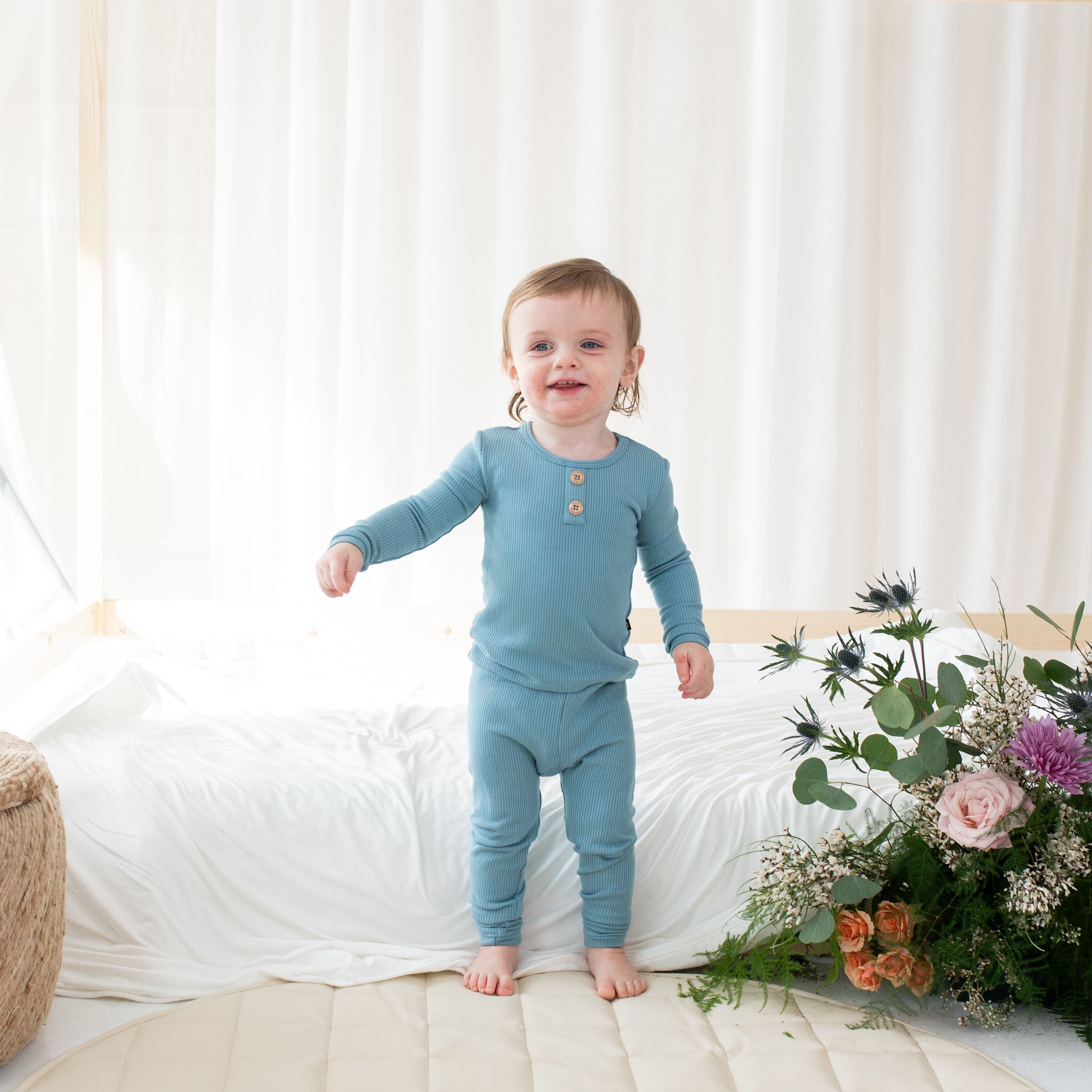 Ribbed Henley Pyjama Set in Dusty Blue