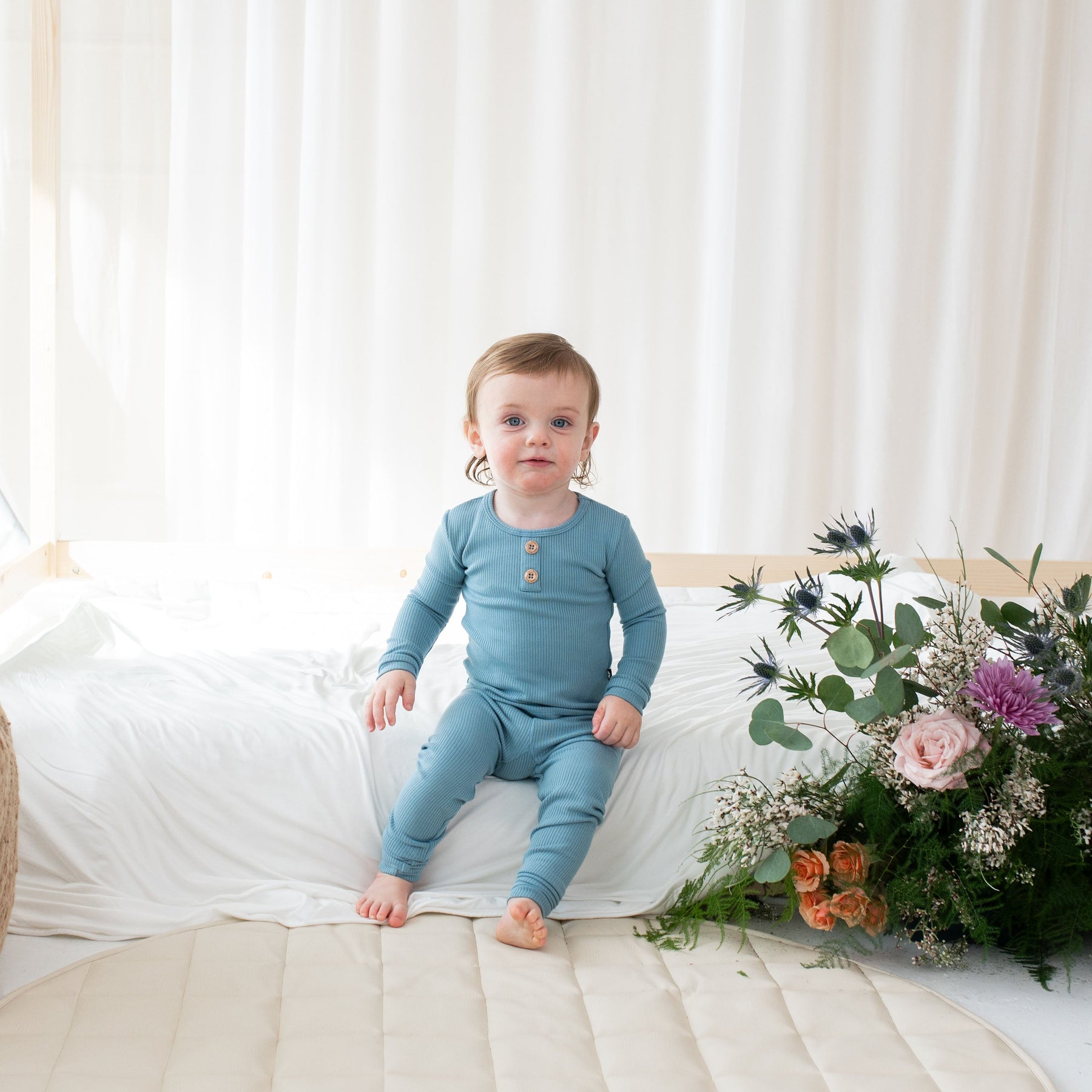 Ribbed Henley Pyjama Set in Dusty Blue